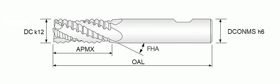 HSSE roughing end mill 30°, DIN 844, Type HR, Z=4, 14×53×110 mm, SD 12 HB, long, BlueCut