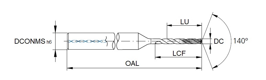 CrazyDrill Cool SST-Inox 6xd, coated, 2 flute, 1.3x11.7x57 mm, SD 4 h6